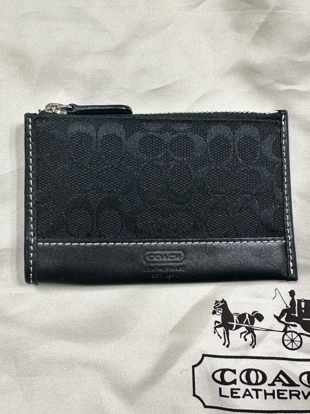 Coach Black Signature Zip Card Holder with Contrast Stitching